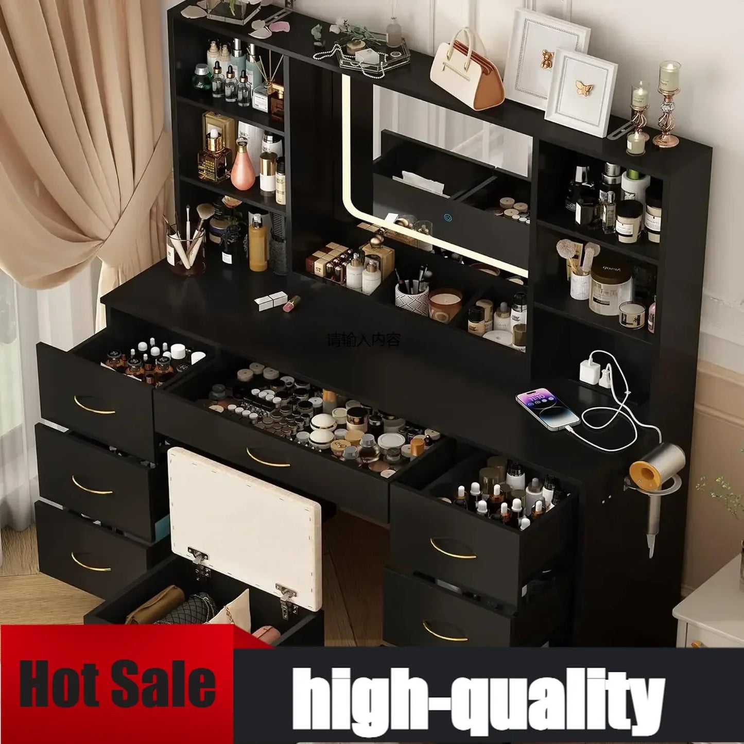 47" Vanity make up desk  with Mirror and Lights, LED,  with Drawers