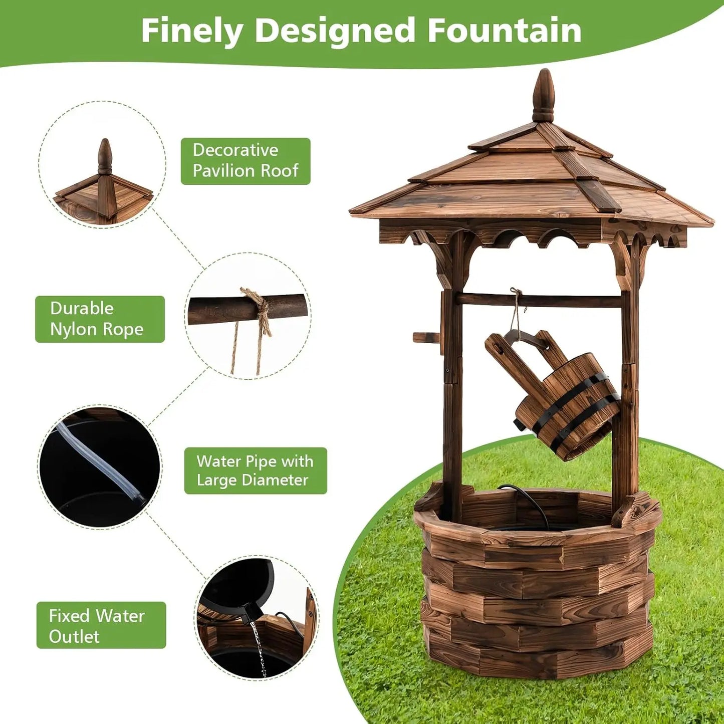 Rustic Wishing Well Fountain, Electric Pump