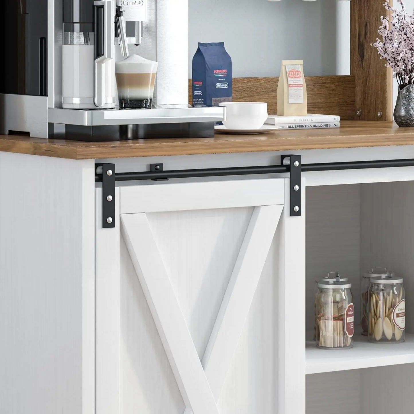 White Coffee Bar Hutch with Storage, and Sliding Barn Door.