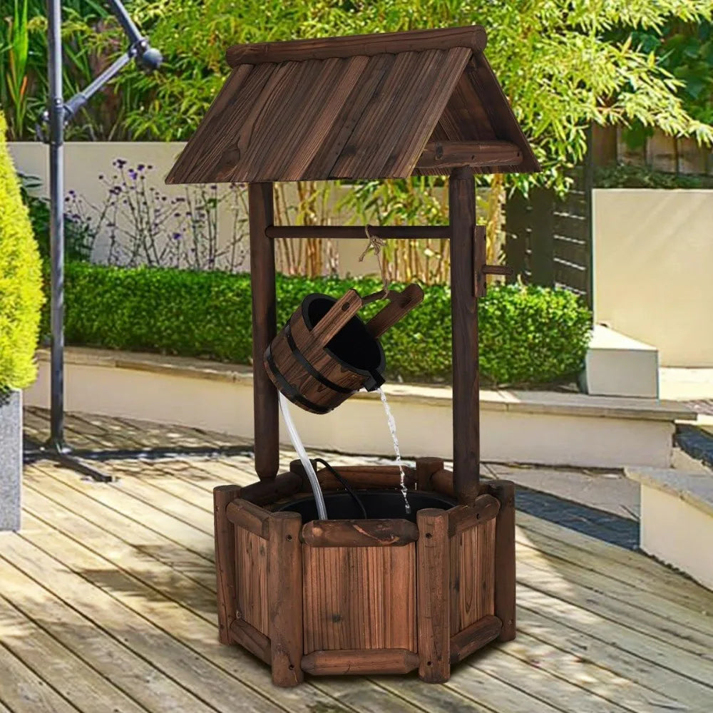 Rustic Wooden Waterfall Wishing Well Fountain with Electric Pump