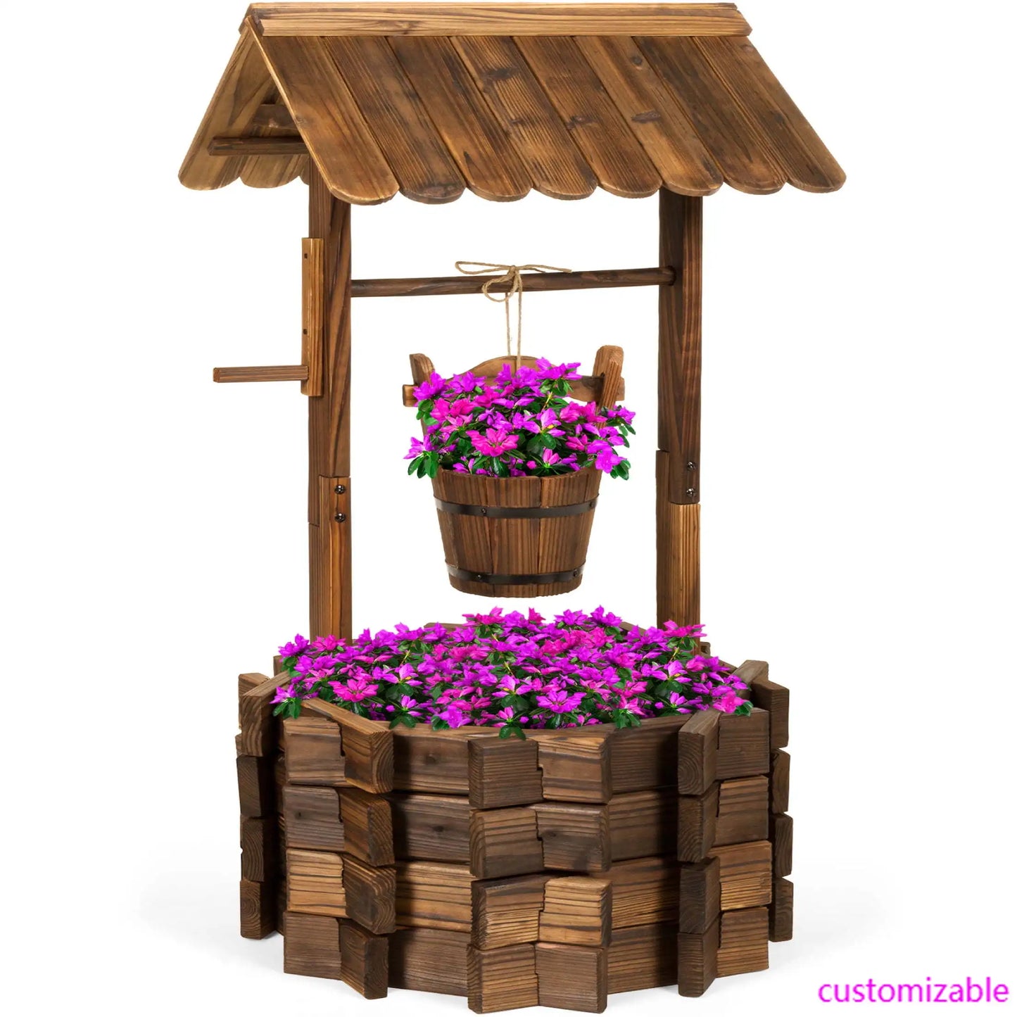 Rustic Wooden Wishing Well Planter Outdoor Home Decoration