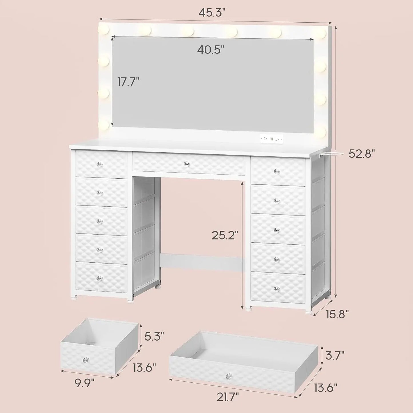 Vanity with Extra Large Mirror and Lights, Makeup Vanity with Power Strip,