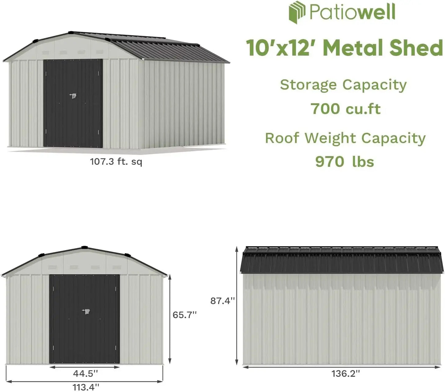 10 X 12 FT Barn Style Metal Storage Shed, Lockable Doors.