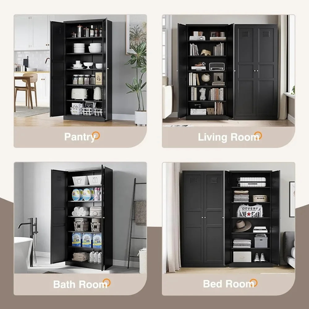 Metal Storage Cabinet with 2 Doors, 5 Adjustable Shelves 71" Black