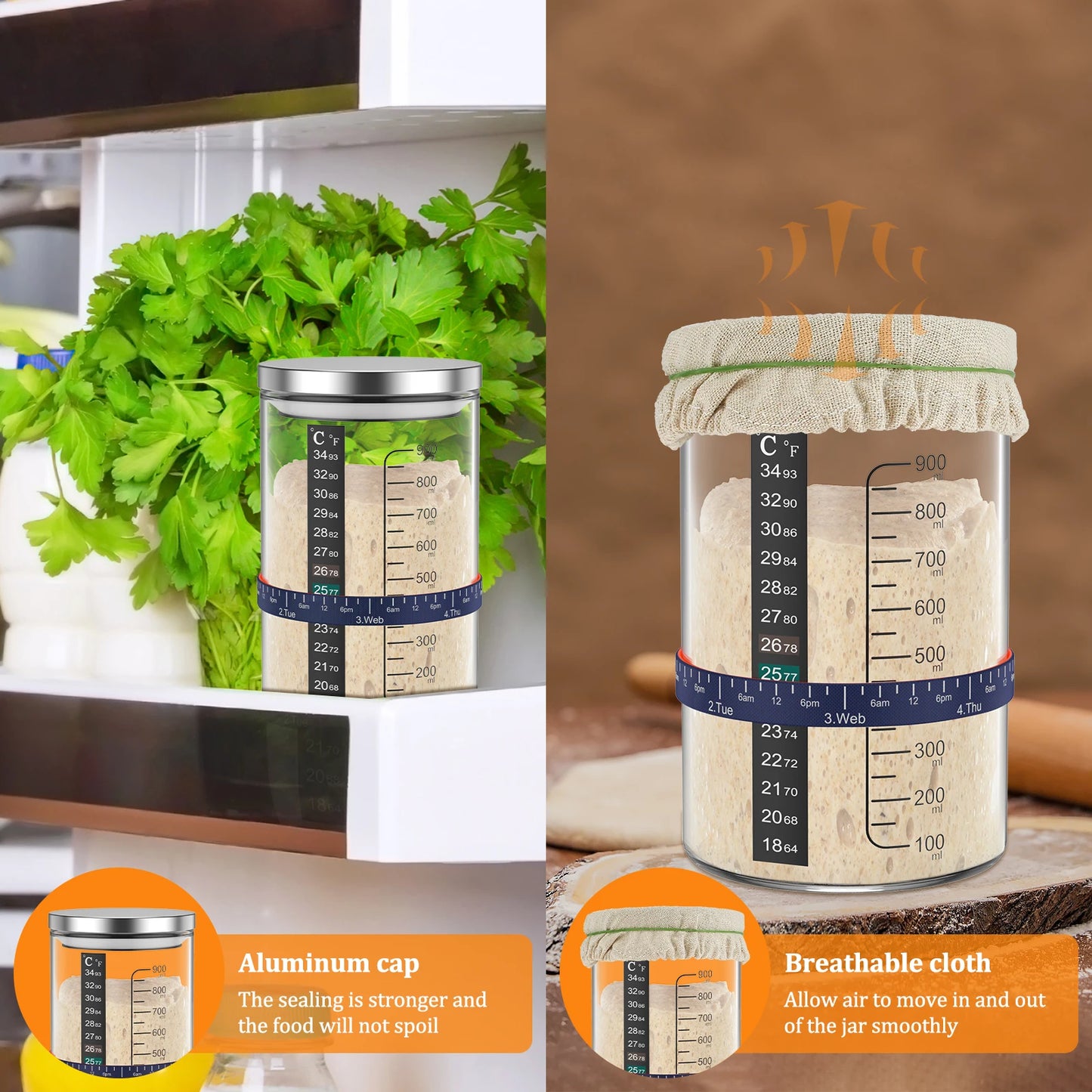 Sourdough Fermentation Jar with Scale Metal Lid.