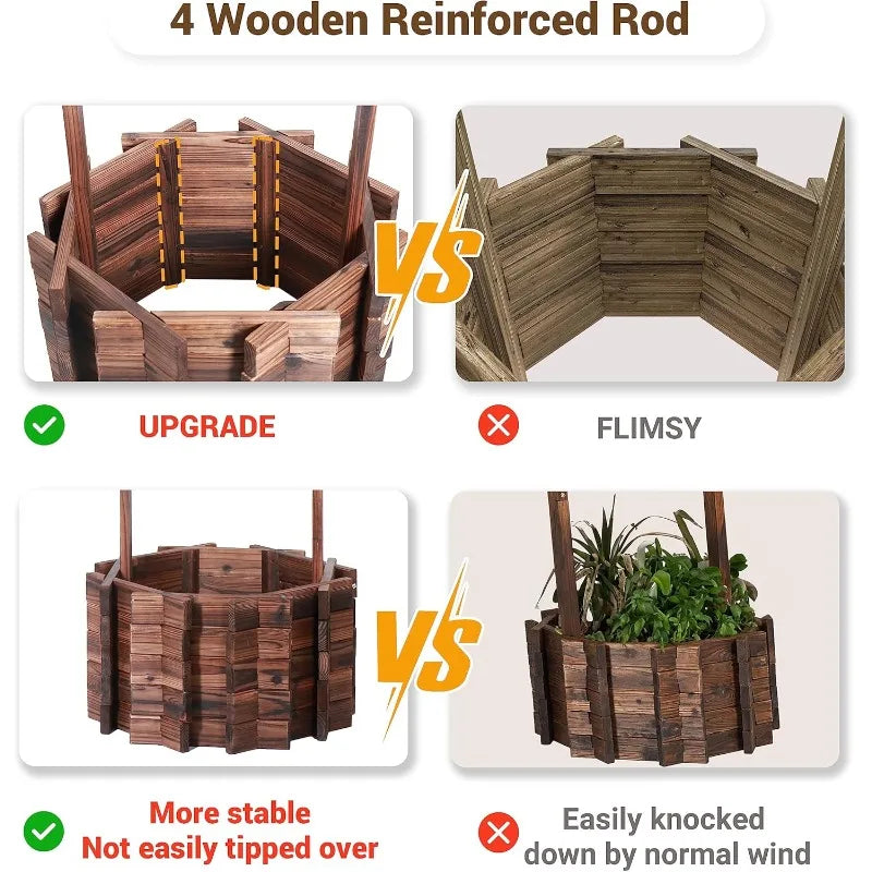 Wooden Wishing Well Planter, 4 Reinforced Rod & Hanging Bucket