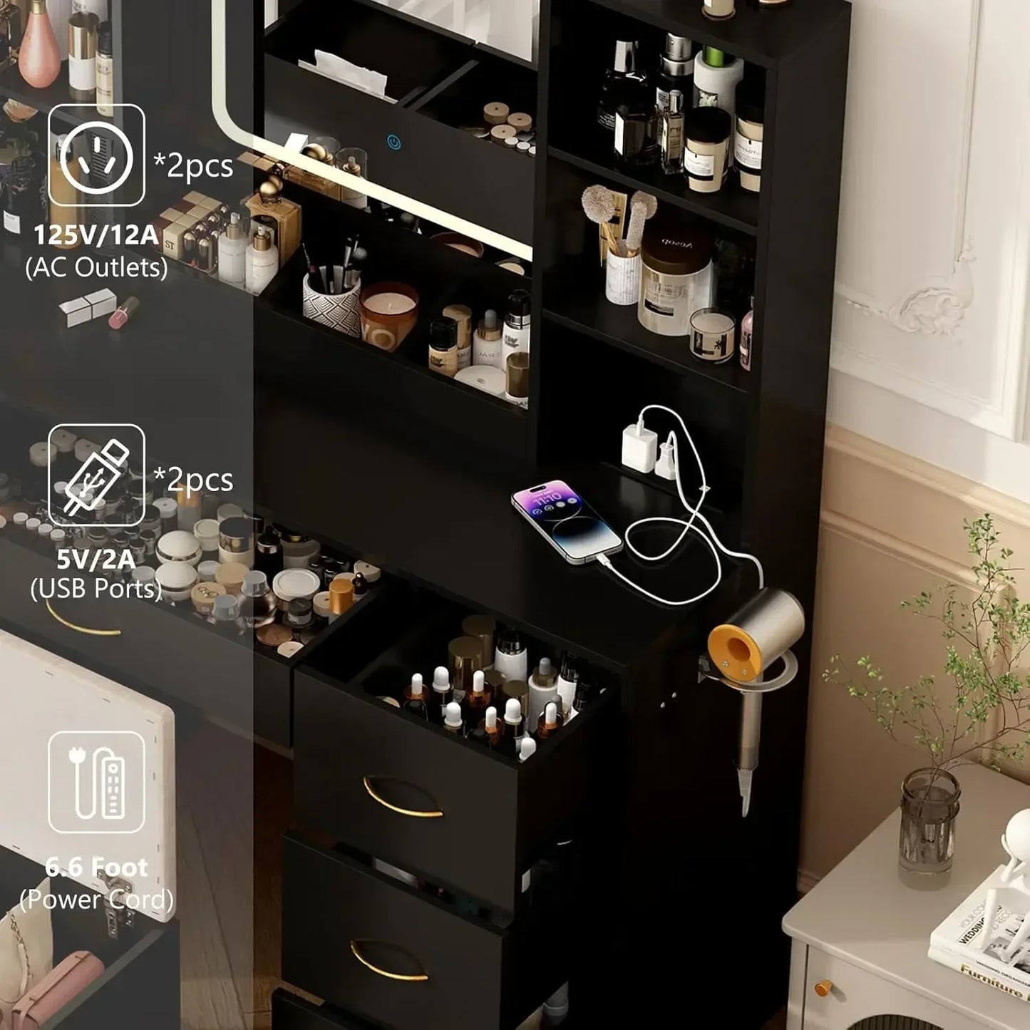 47" Vanity make up desk  with Mirror and Lights, LED,  with Drawers