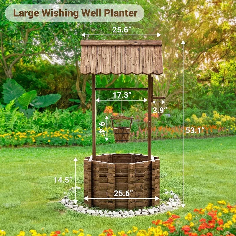 Wooden Wishing Well Planter, 4 Reinforced Rod & Hanging Bucket