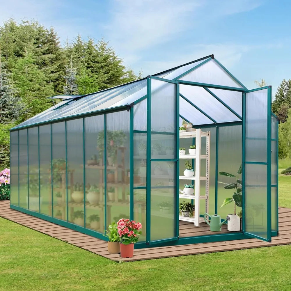 8FT X 16FT Greenhouse with Adjustable Roof Vent and Rain Gutter.