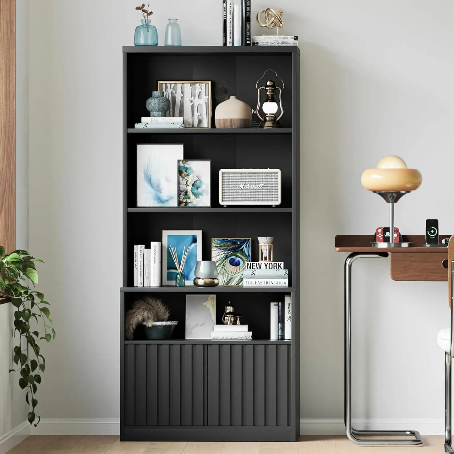 Storage Cabinet 70.9 inch Fluted Door Bookcase with Adjustable Shelves