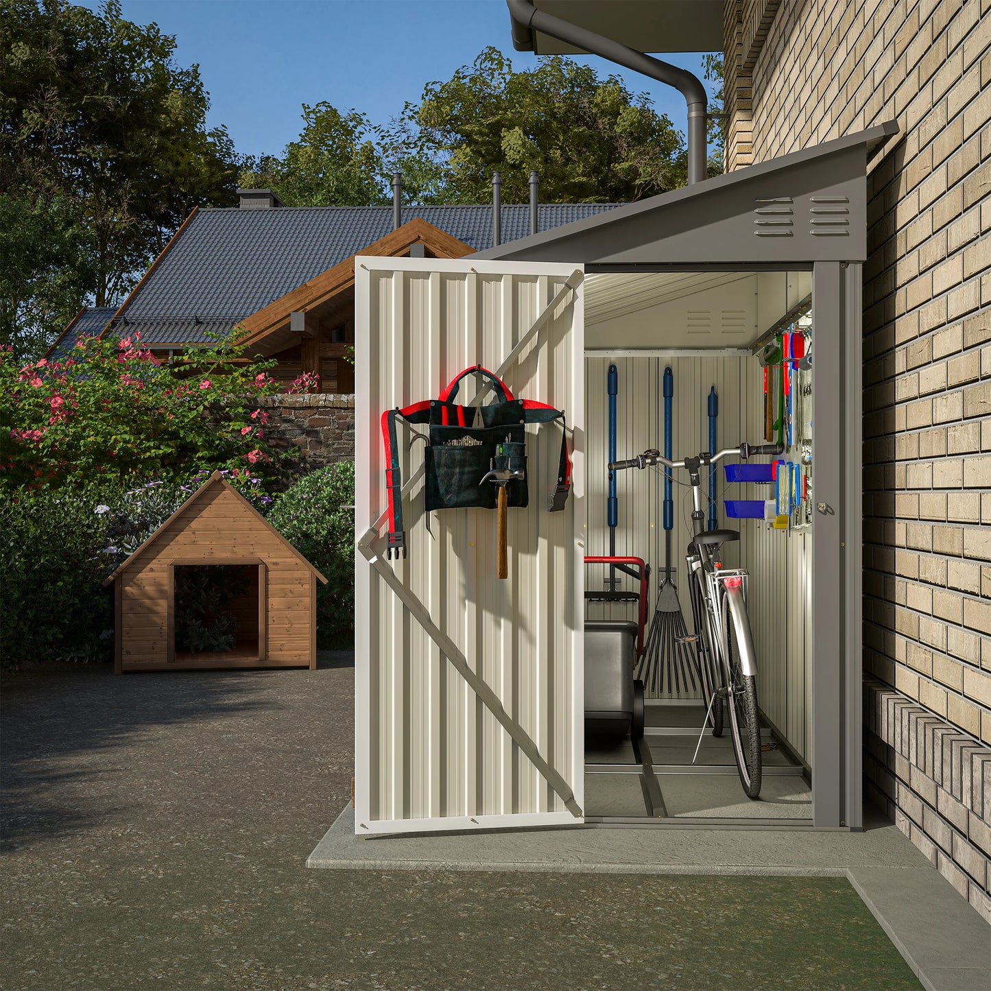 LZBEITEM 4' x 8' Metal Wall Side Storage Shed for Backyard Grey