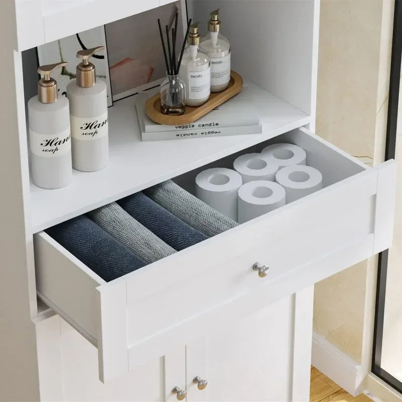 Modern Linen Storage Cabinet with 4 Doors, Shelves, Drawer.