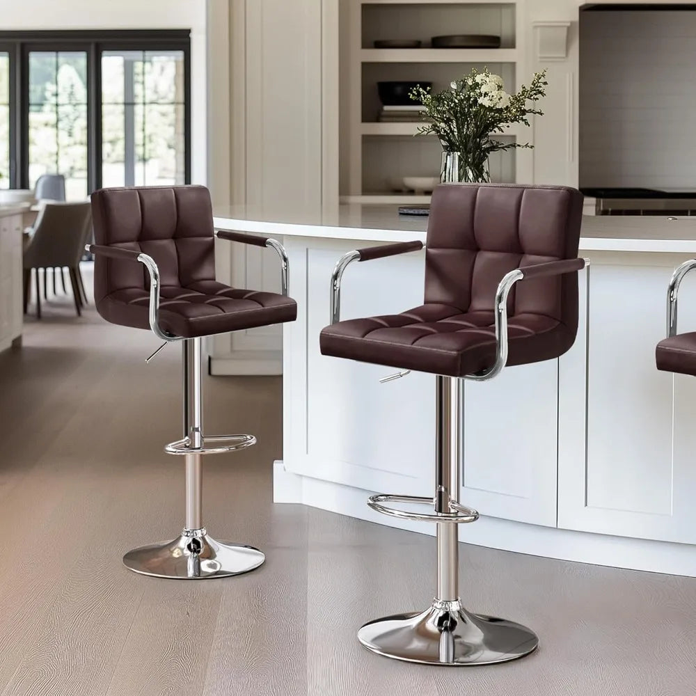 Bar Stools Set of 2, Adjustable PU Leather Swivel Barstools, with Back and Footrest