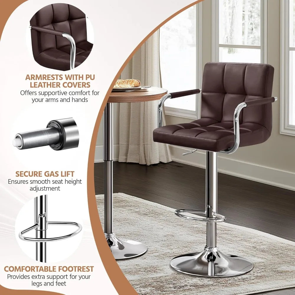 Bar Stools Set of 2, Adjustable PU Leather Swivel Barstools, with Back and Footrest