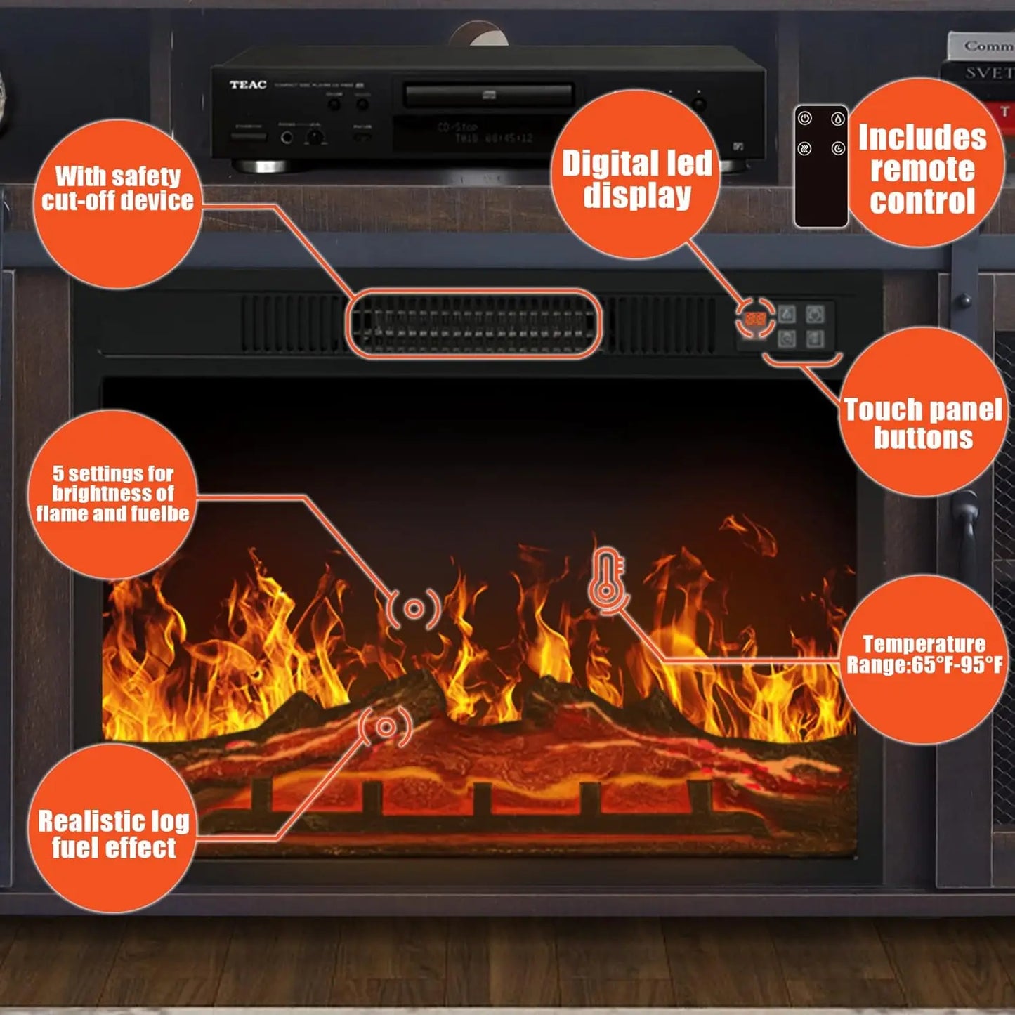 Fireplace TV Stand Up To 65" Media Storage Electric Fireplace.