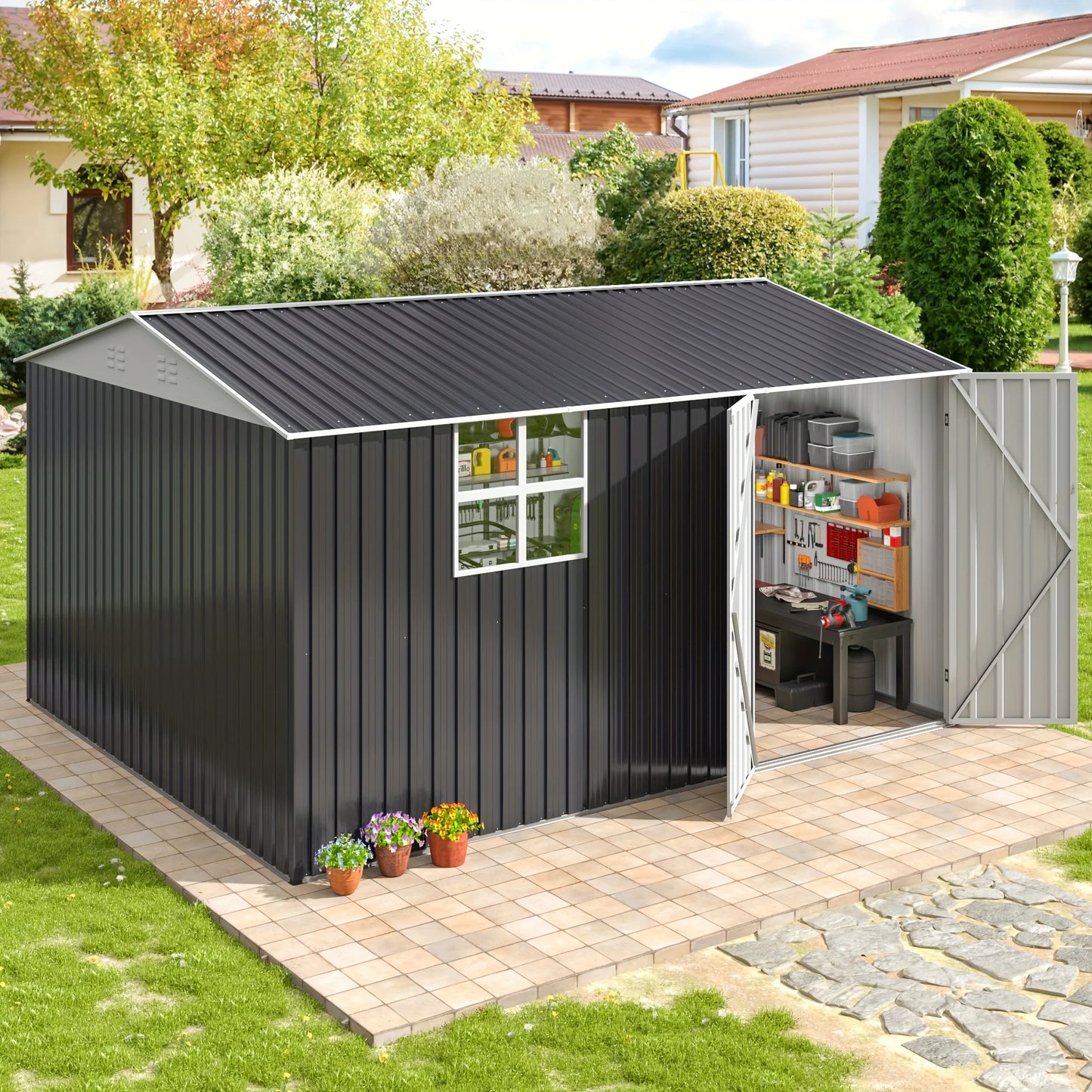 Polar Aurora 10x12 FT Outdoor Metal Storage Shed with Windows