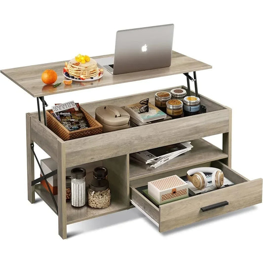 Lift Top Coffee Table, Hidden Compartment, and Metal grey Frame.