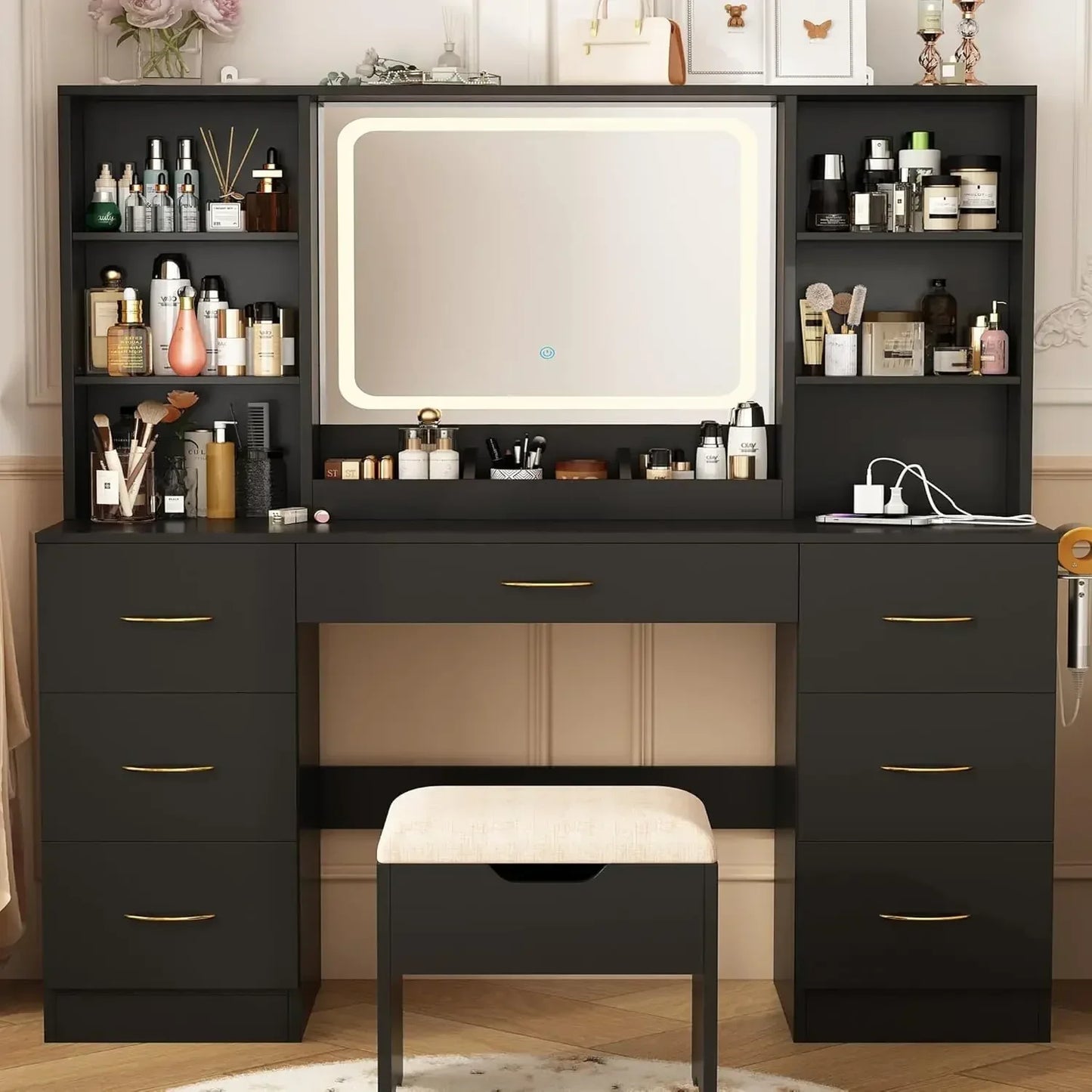 47" Vanity make up desk  with Mirror and Lights, LED,  with Drawers