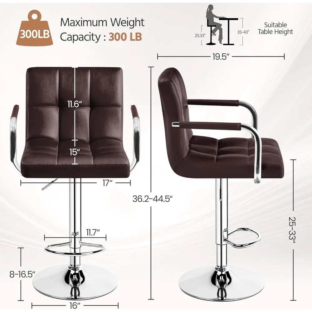 Bar Stools Set of 2, Adjustable PU Leather Swivel Barstools, with Back and Footrest