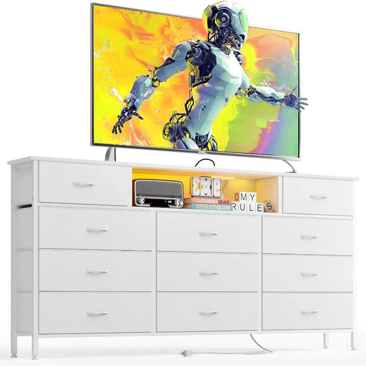 White Dresser TV Stand with 11 Drawers