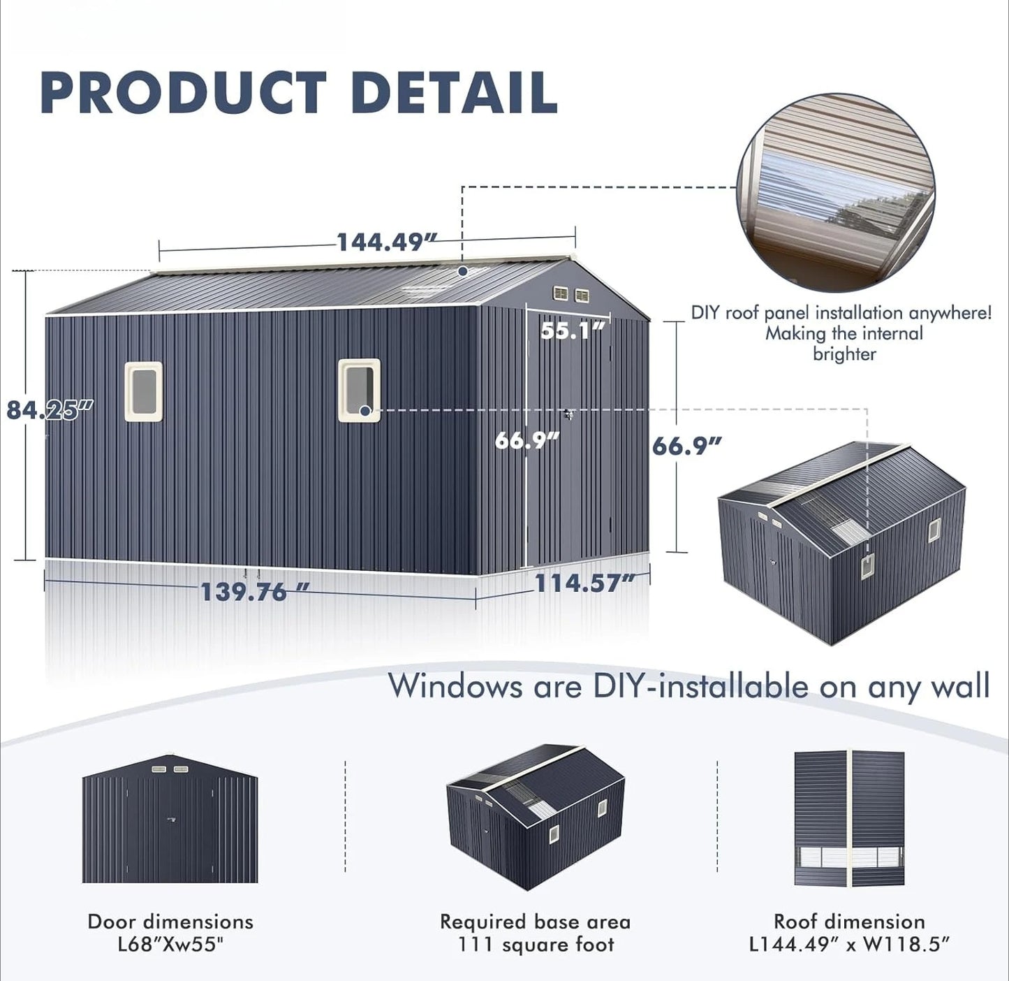 10x12x7 FT, metal Shed for Outdoor Storage with Reinforcement Natural Lighting