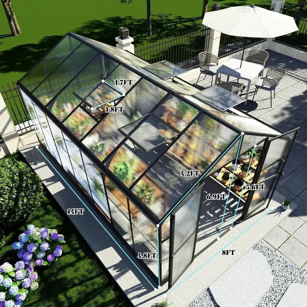 8x14x7FT Greenhouse with 4 Vent Windows and Swing Door.