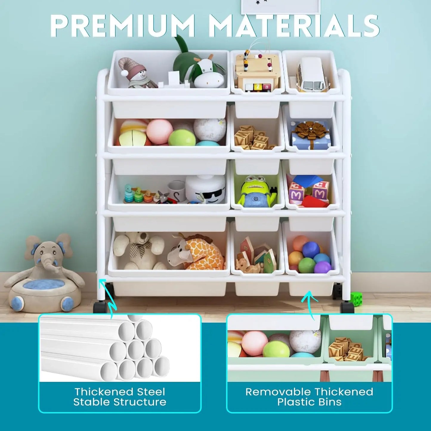 Kids Toy Storage Organizer with 12 Plastic Bins.