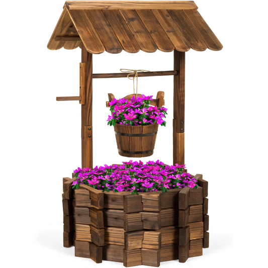 Rustic Wooden Wishing Well Planter Outdoor Home Decor