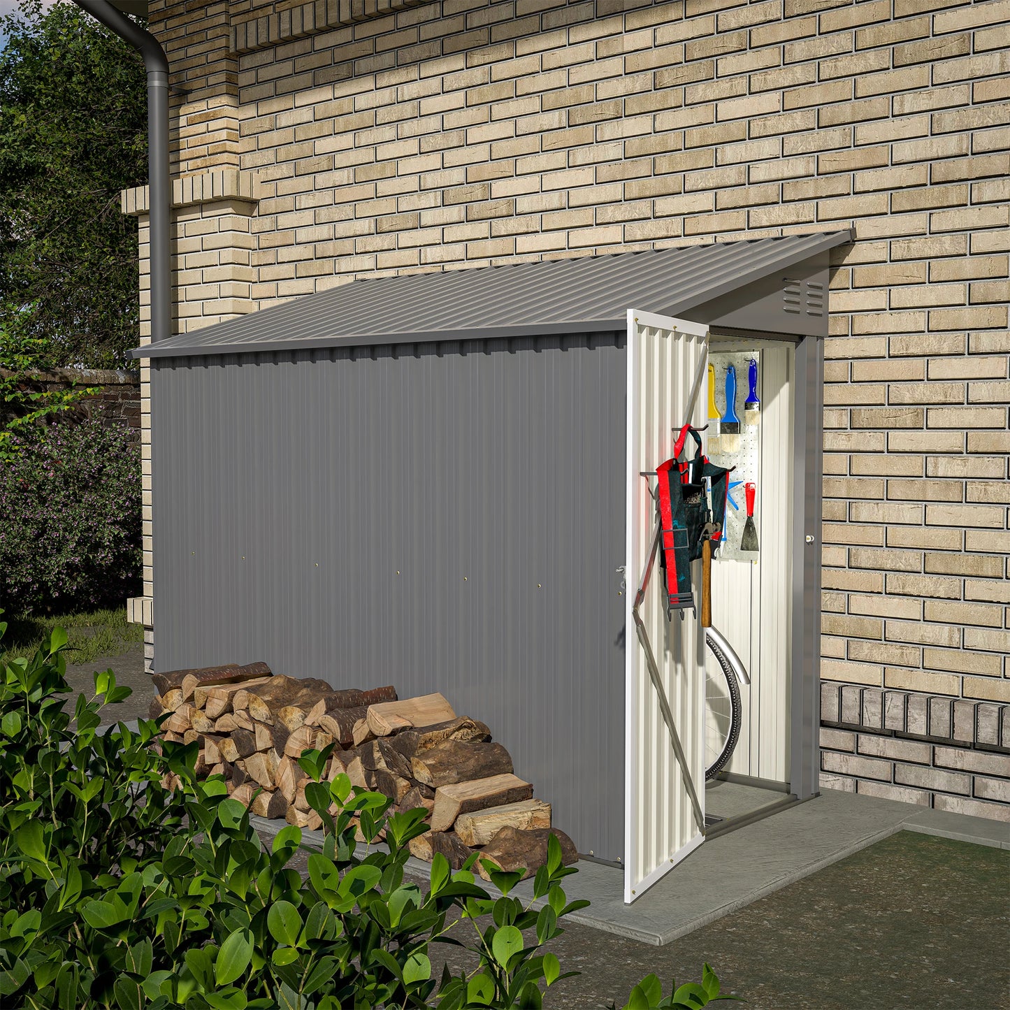 LZBEITEM 4' x 8' Metal Wall Side Storage Shed for Backyard Grey