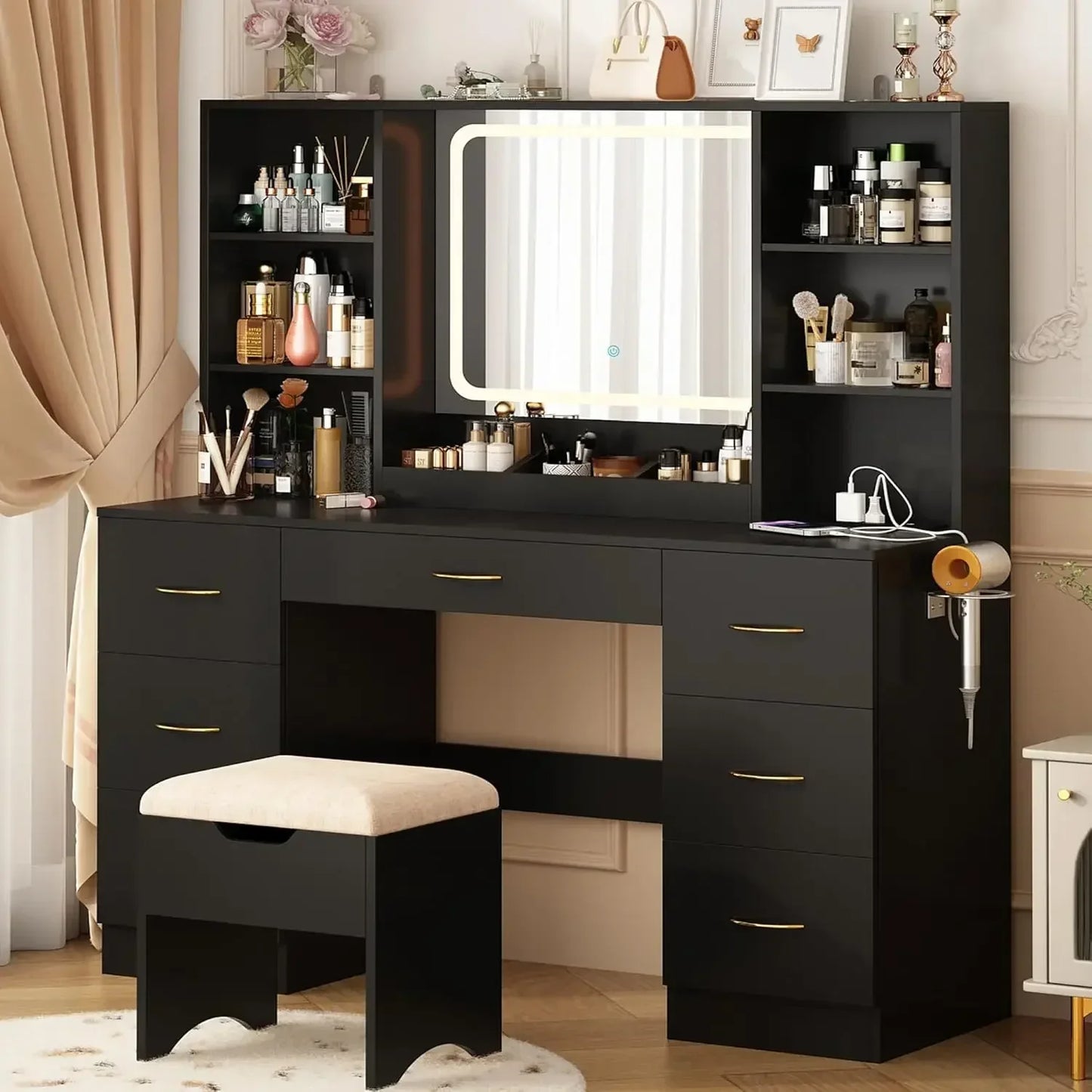 47" Vanity make up desk  with Mirror and Lights, LED,  with Drawers