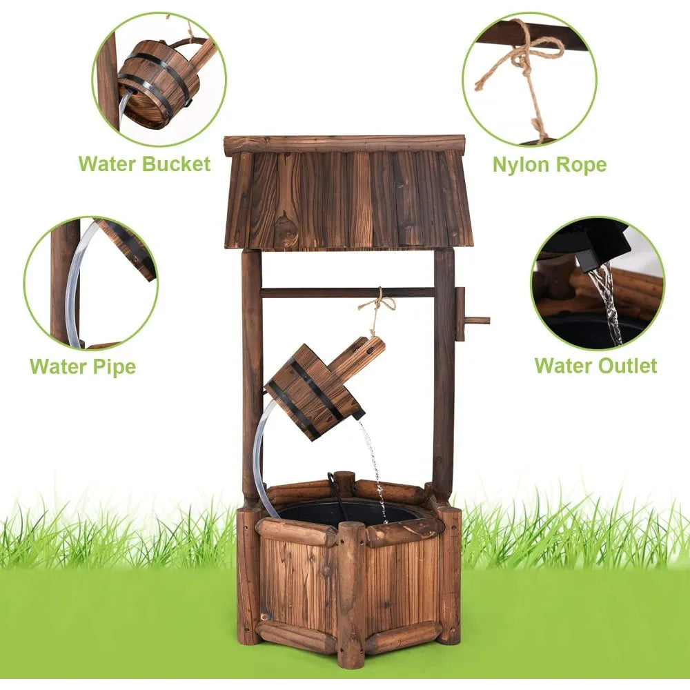 Rustic Wooden Waterfall Wishing Well Fountain with Electric Pump