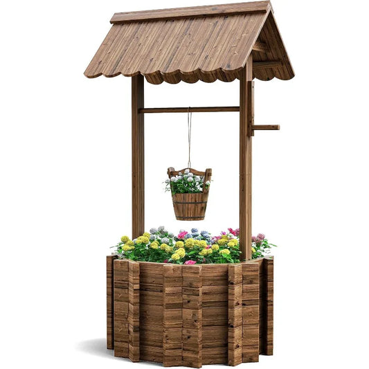 Wooden Wishing Well Planter, 4 Reinforced Rod & Hanging Bucket