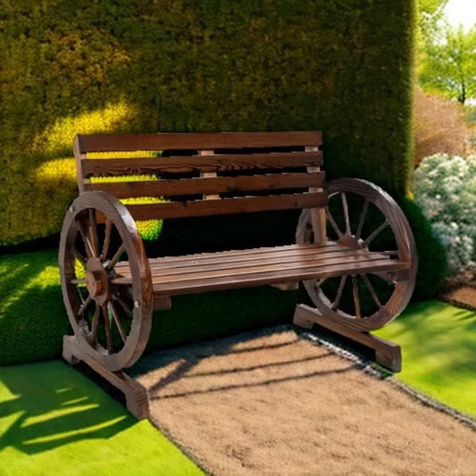 Patio Bench, 2-Person Wooden Wagon Wheel Bench