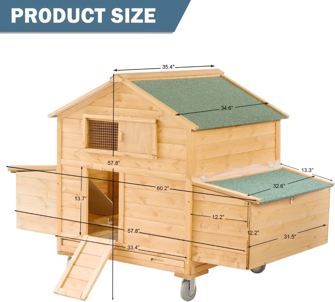 Large Chicken Coop with Wheels, Waterproof  for 6-8 Chickens