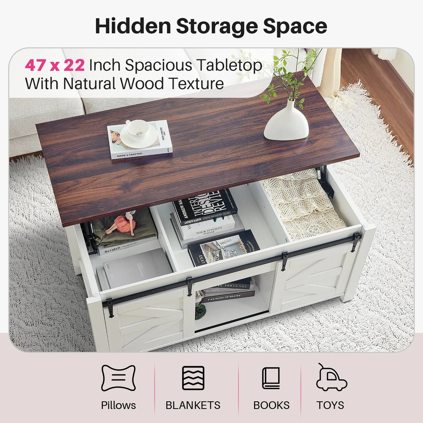 47.2" Lift Top Coffee Table, Rustic Center Table w/ Hidden Storage