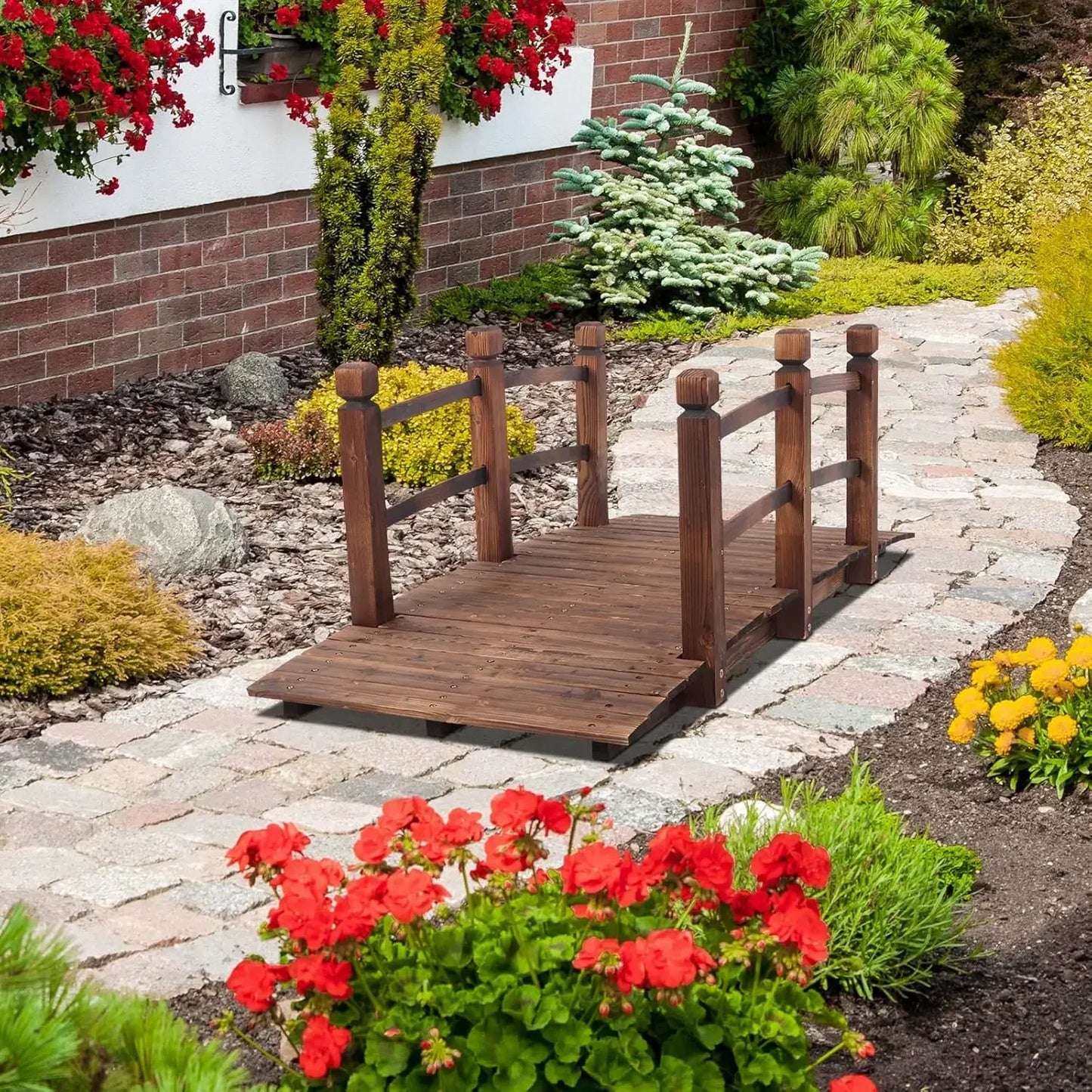 5 ft. Garden Bridge, Classic Wooden Arch Stained Finished Footbridge