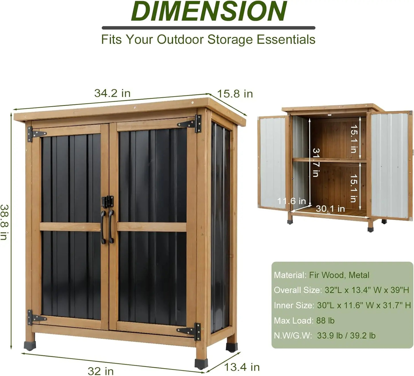 Outdoor Storage Cabinet Wood, Metal and Waterproof Roof