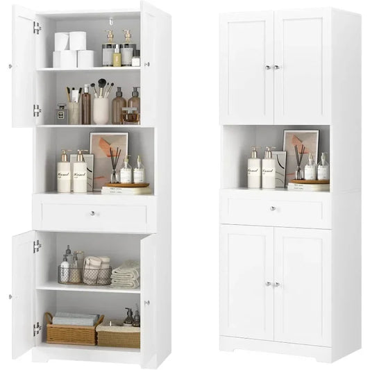 Modern Linen Storage Cabinet with 4 Doors, Shelves, Drawer.
