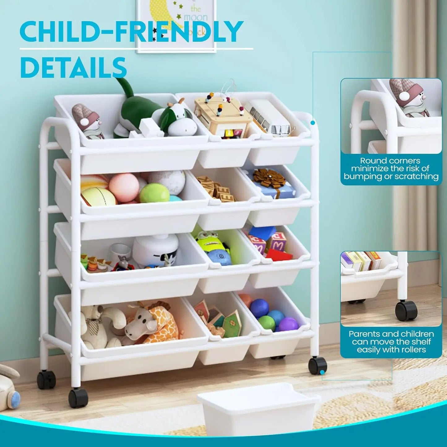 Kids Toy Storage Organizer with 12 Plastic Bins.