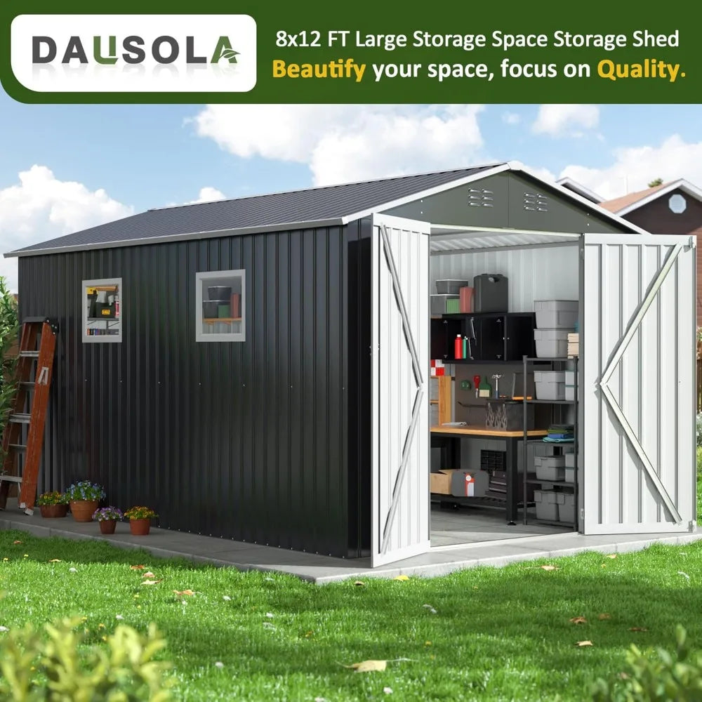 8x12 FT Metal Garden Tool Shed with windows  and lockable doors