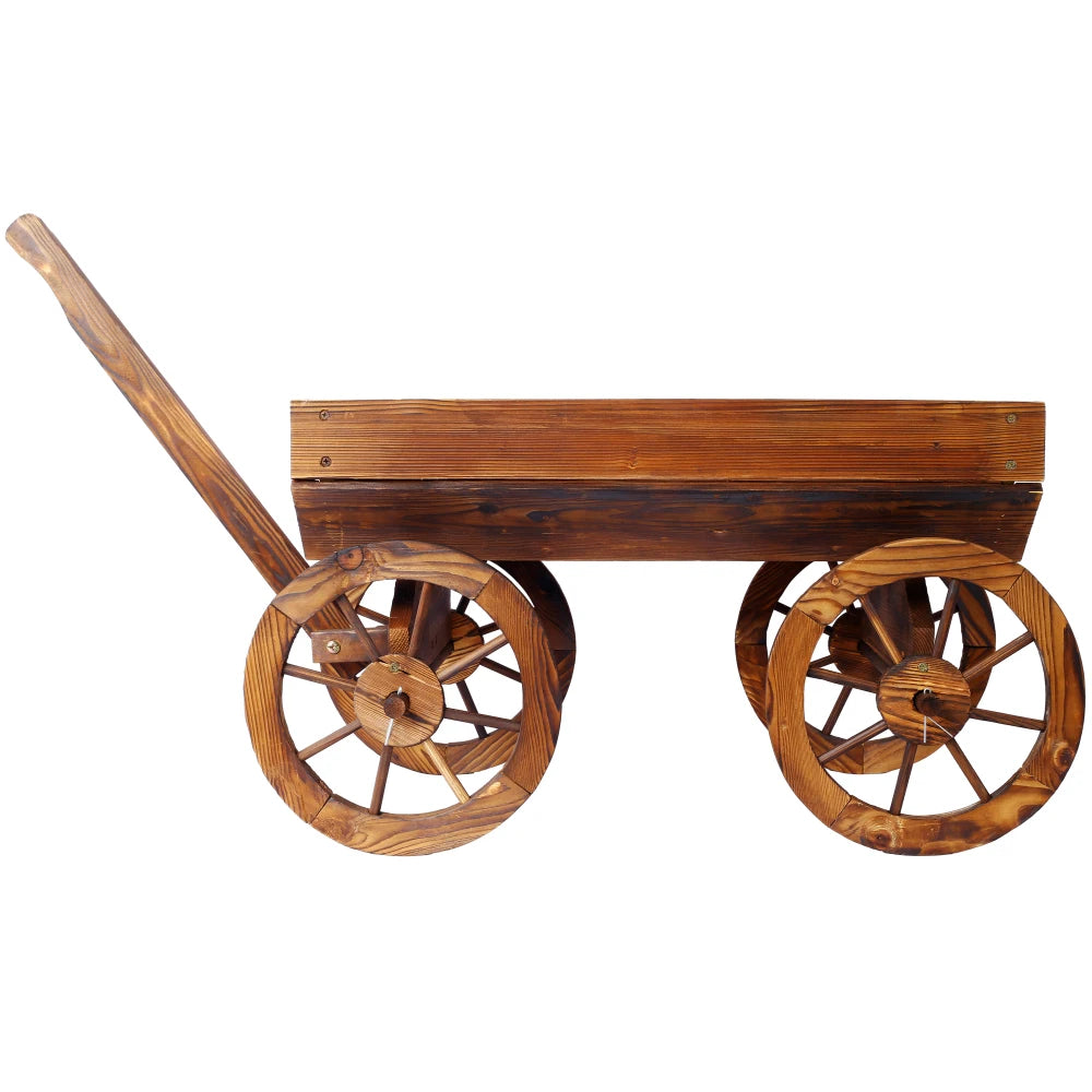 Wood Wagon Flower Planter Pot Stand W/Wheels Outdoor Decor