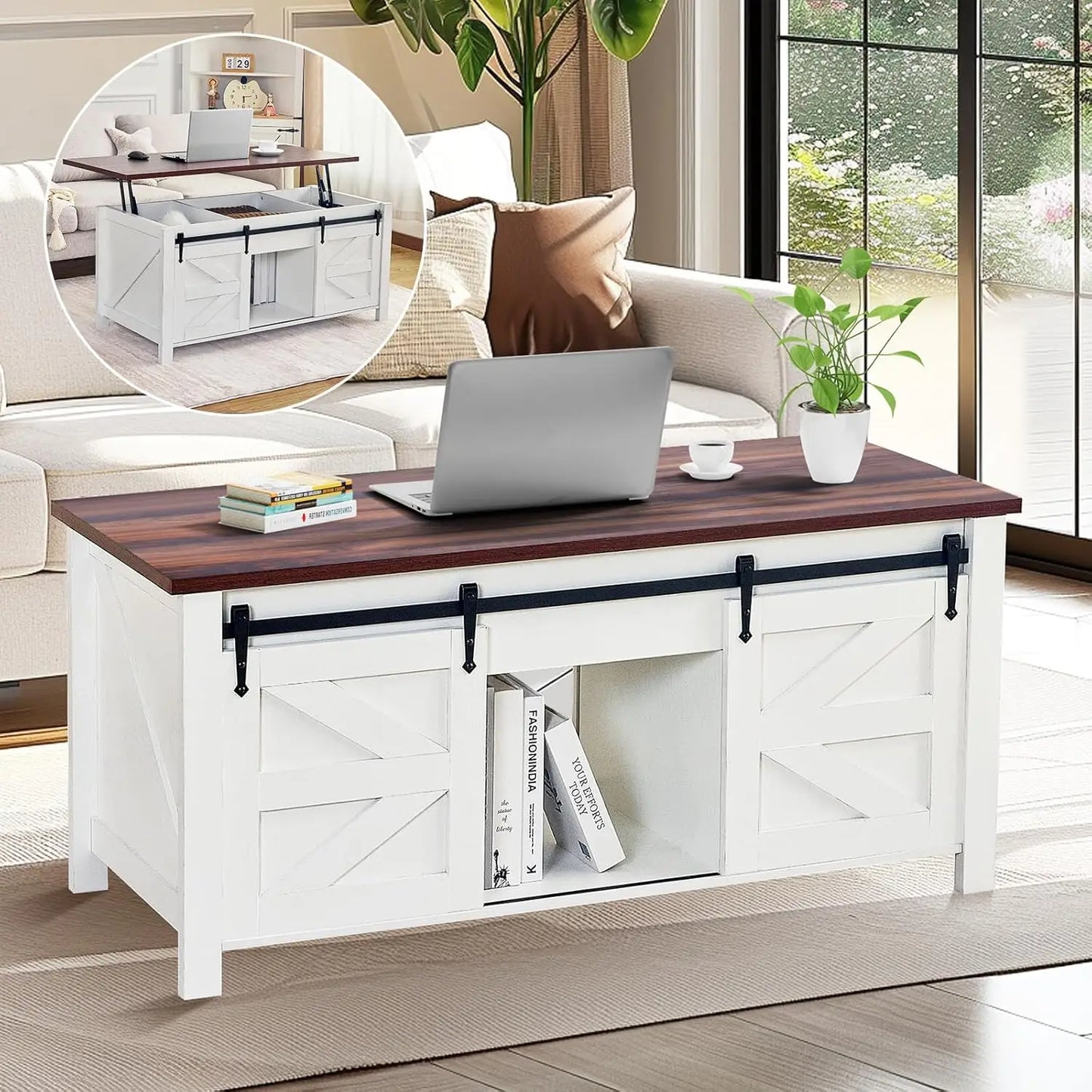 47.2" Lift Top Coffee Table, Rustic Center Table w/ Hidden Storage