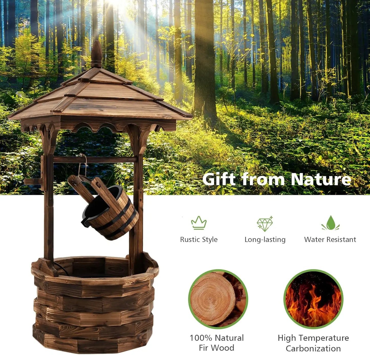 Rustic Wishing Well Fountain, Electric Pump