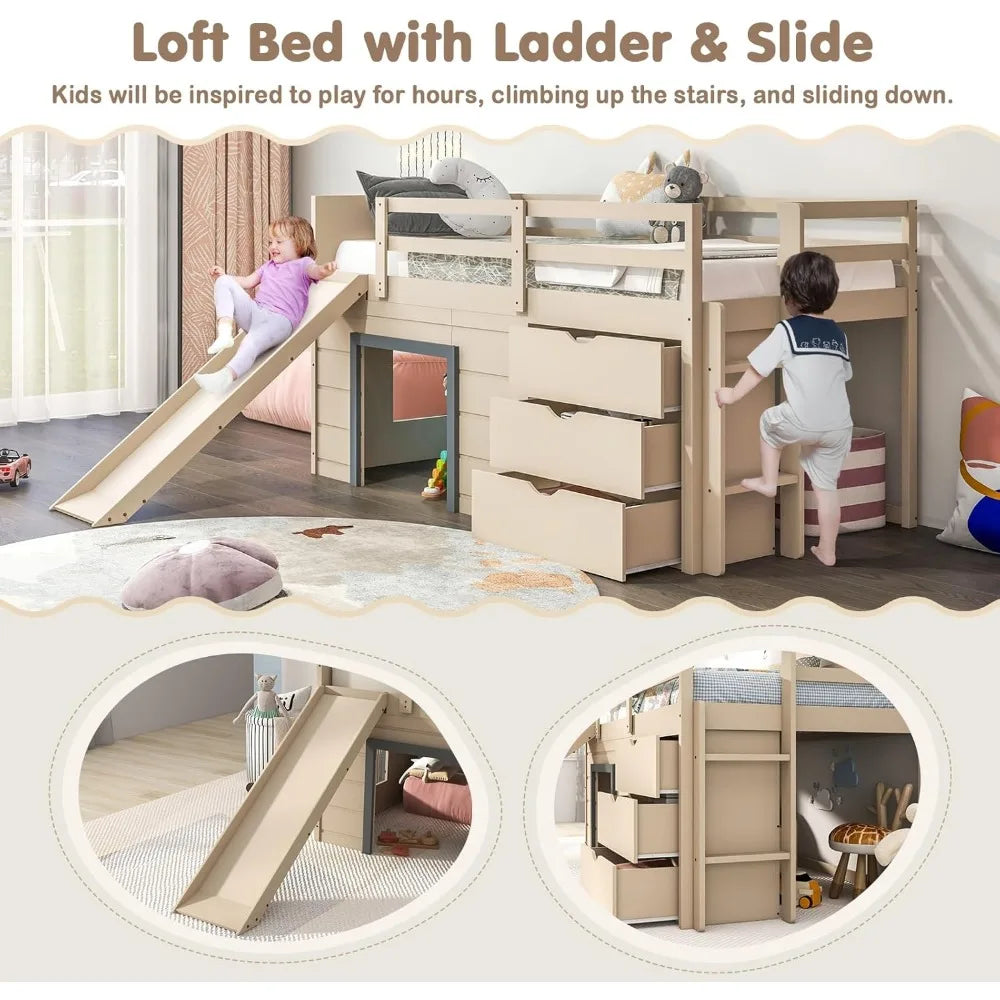 KOMFOTT Twin Low Loft Bed with 3 Storage Drawers & Underneath House