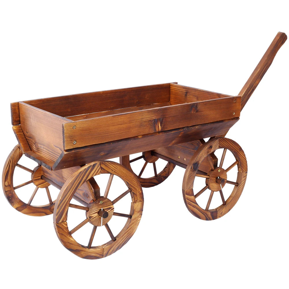 Wood Wagon Flower Planter Pot Stand W/Wheels Outdoor Decor