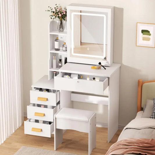 Makeup Vanity With Drawers Shelves With Sliding Mirror And Lights,