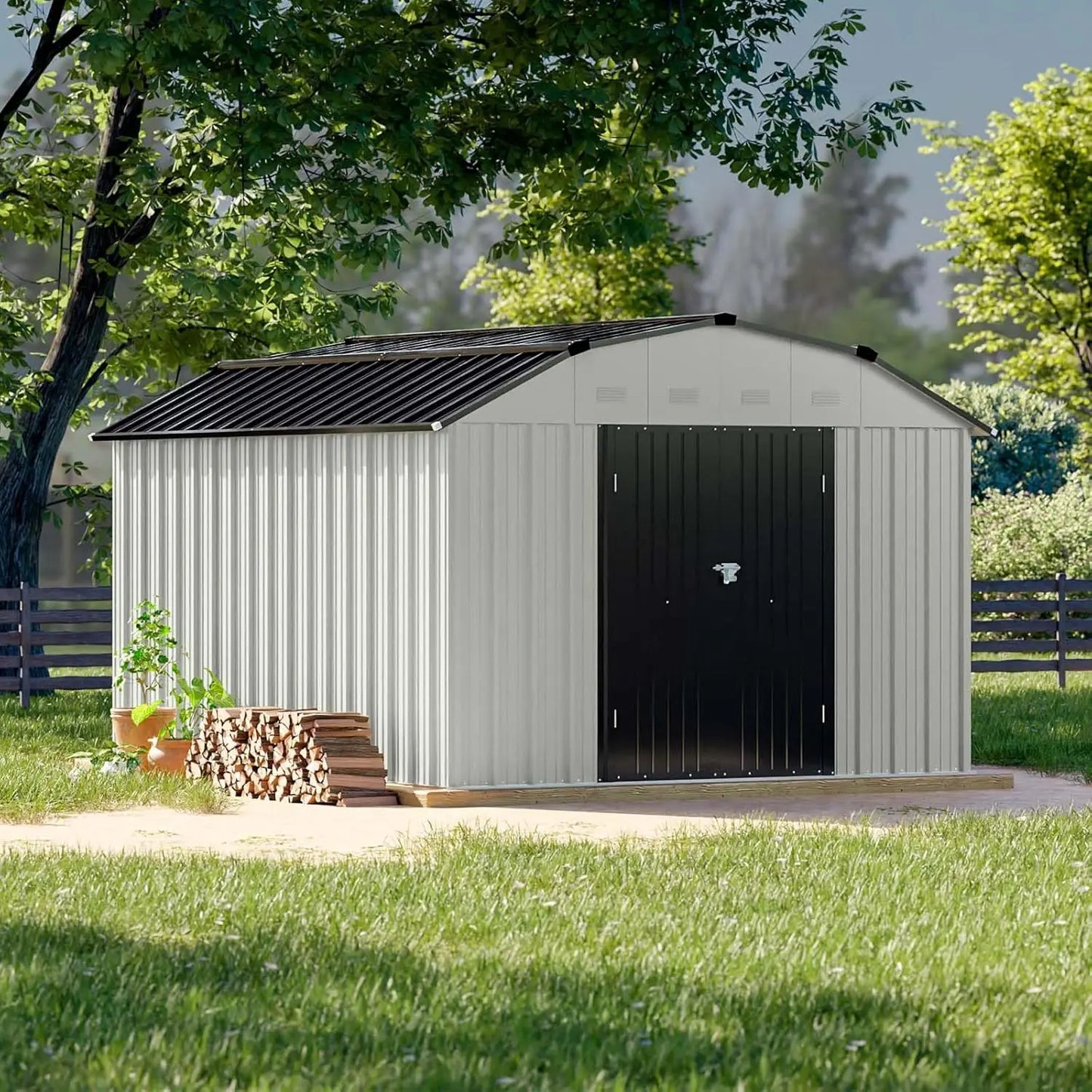 10 X 12 FT Barn Style Metal Storage Shed, Lockable Doors.