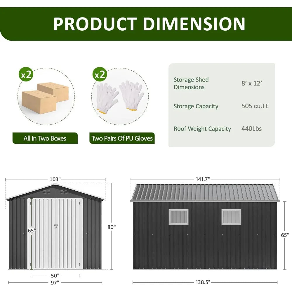 8x12 FT Metal Garden Tool Shed with windows  and lockable doors
