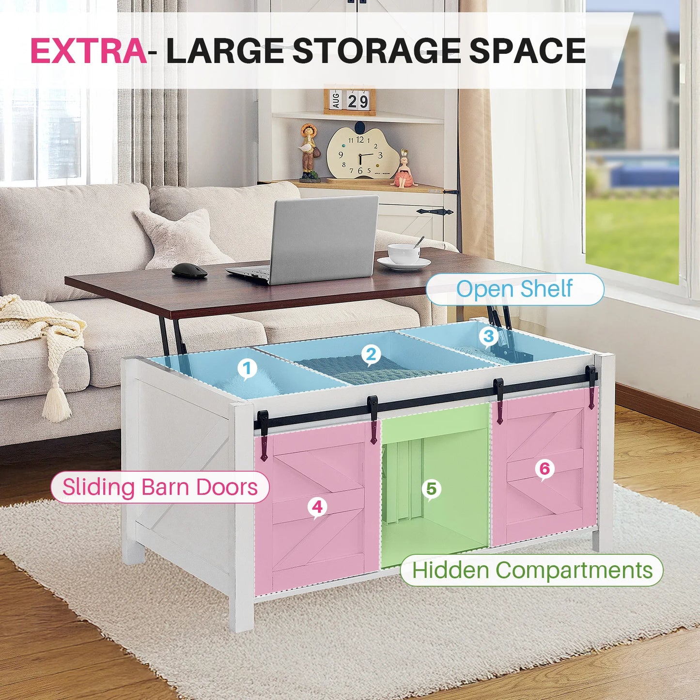 47.2" Lift Top Coffee Table, Rustic Center Table w/ Hidden Storage