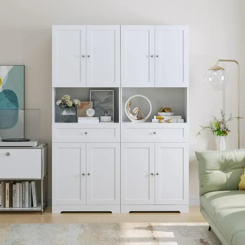 Modern Linen Storage Cabinet with 4 Doors, Shelves, Drawer.